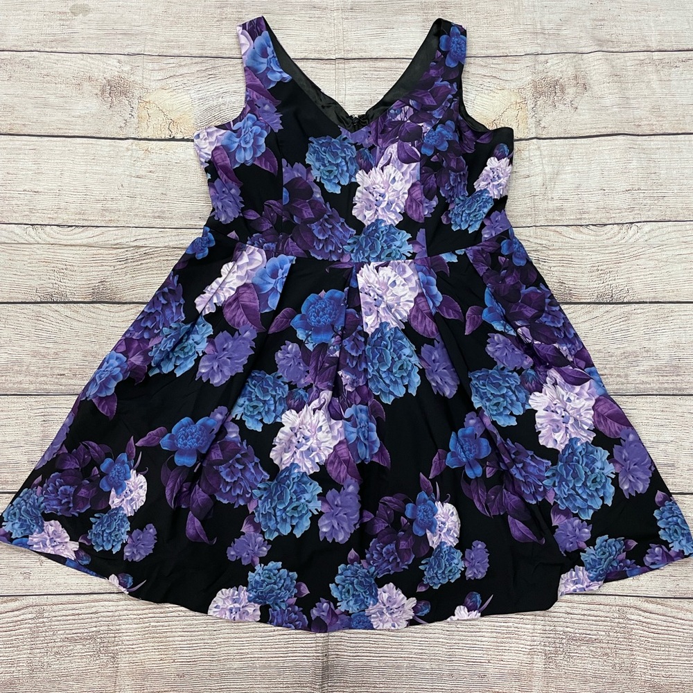 City Chic Floral V-Neck Fit & Flare Dress in Black and Purple
